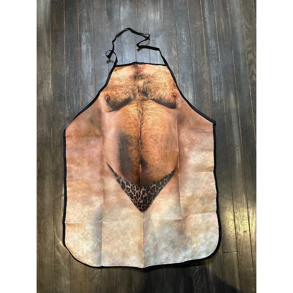 Funny Novelty Hairy Man Torso Apron Leopard Print Briefs BBQ Gag Gift Gag Gift